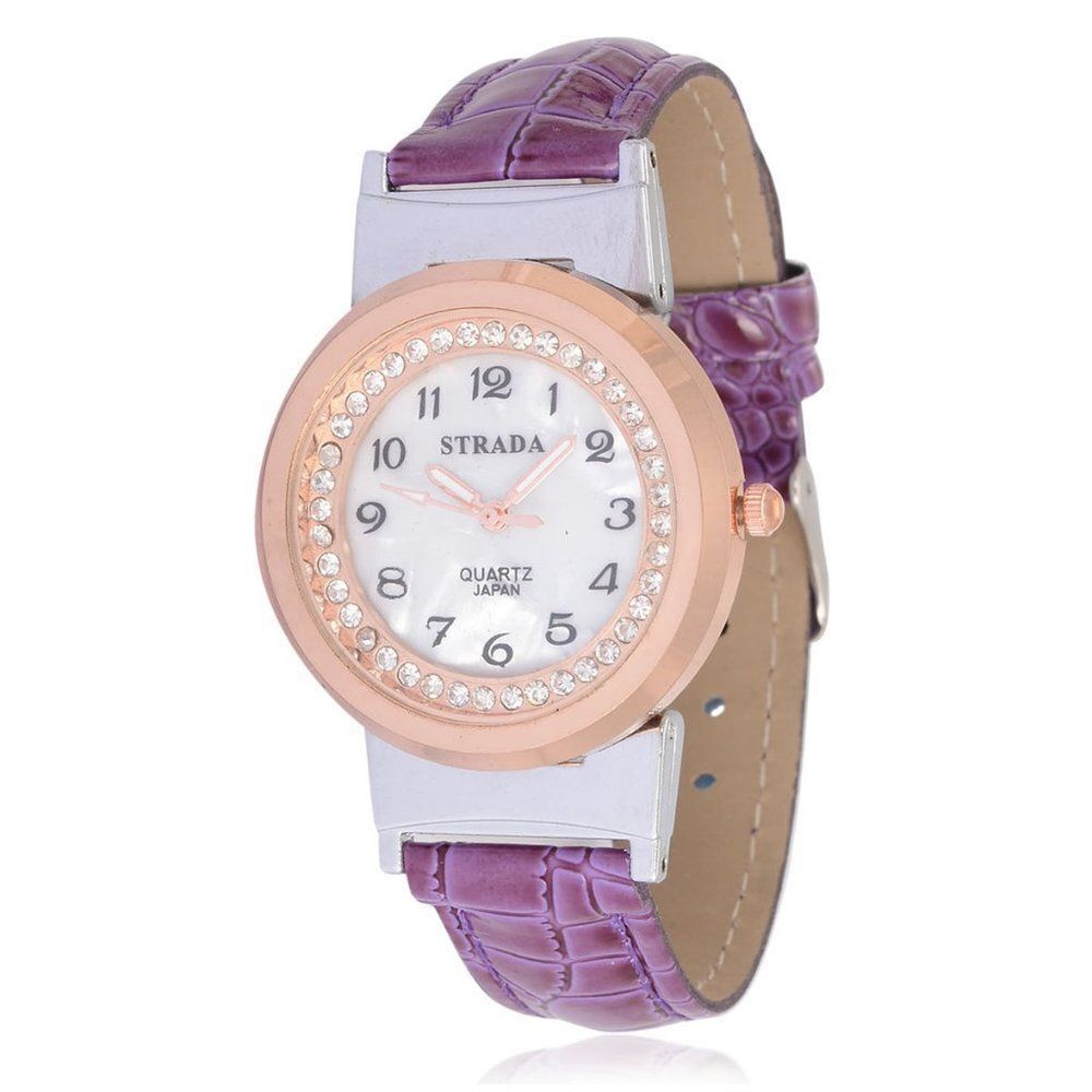STRADA Austrian Crystal Watch Purple Faux Leather Band